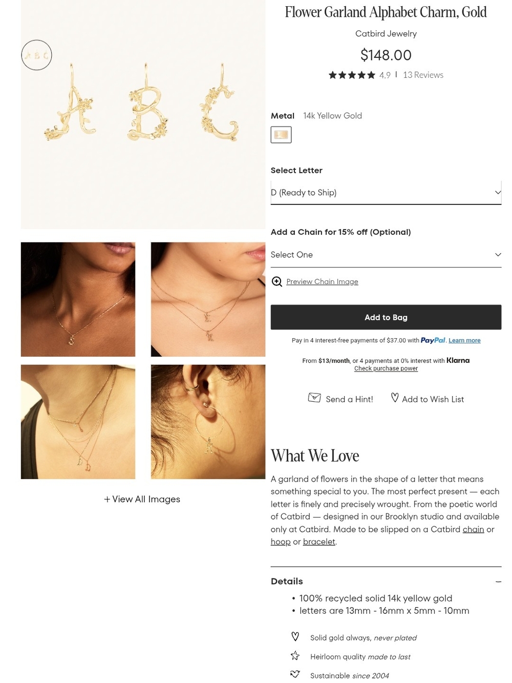 Catbird Flower Garland "D" Charm